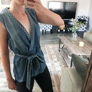 Anthropologie Blue Embroidered Tank Top